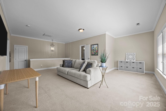 living room featuring ornamental molding, visible vents, baseboards, and light carpet