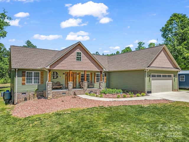 575 Hill Rd, Lincolnton, NC 28092 - craftsman-style home featuring covered porch, roof with shingles, a front yard, concrete driveway, and an attached garage