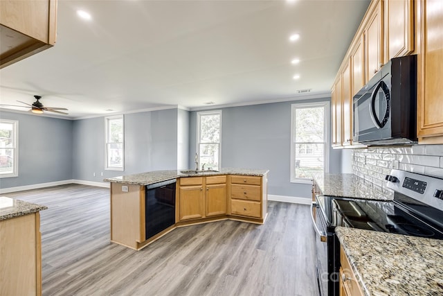 107 Maurice St, Monroe, NC 28112 - kitchen featuring crown molding, light wood-style floors, stainless steel range with electric stovetop, a sink, and backsplash