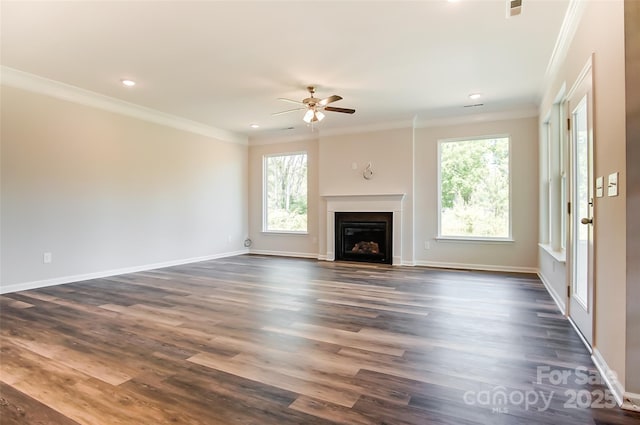 TBD Boomer Ct Unit 11, Statesville, NC 28677 - unfurnished living room featuring plenty of natural light, a fireplace, ornamental molding, and ceiling fan