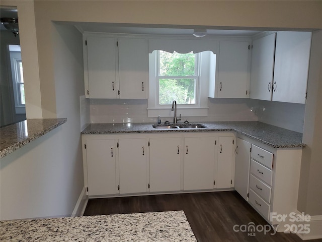 kitchen featuring a sink, dark wood finished floors, white cabinetry, backsplash, and light stone counters