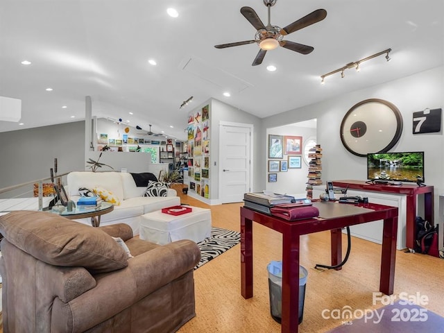 167 Trails End End, Lake Lure, NC 28746 - game room featuring ceiling fan, rail lighting, vaulted ceiling, and recessed lighting