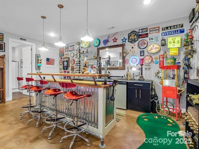 167 Trails End End, Lake Lure, NC 28746 - bar with hanging light fixtures, a dry bar, stainless steel dishwasher, and finished concrete floors