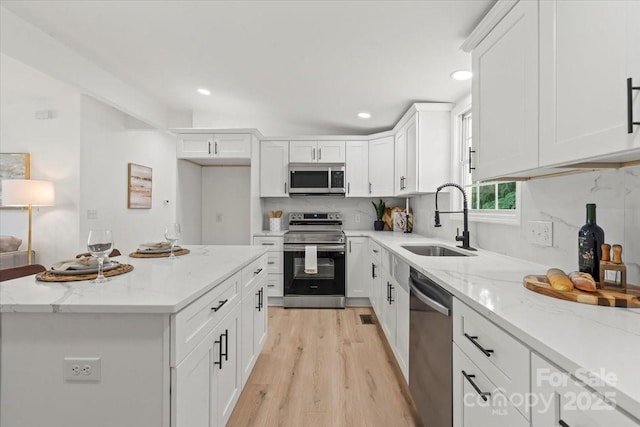 3423 Archer Ave, Charlotte, NC 28217 - kitchen with appliances with stainless steel finishes, a sink, white cabinetry, light wood-style flooring, and decorative backsplash