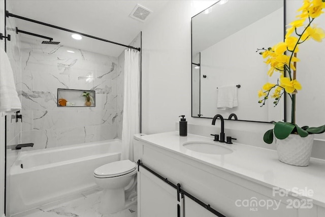 3423 Archer Ave, Charlotte, NC 28217 - full bathroom featuring marble look tiles, vanity, shower / tub combo, toilet, and recessed lighting