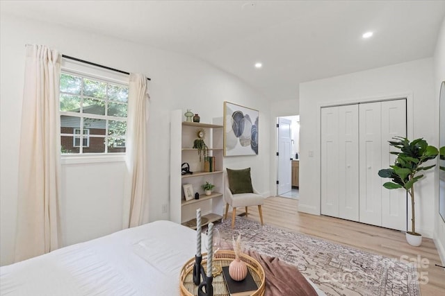 3423 Archer Ave, Charlotte, NC 28217 - bedroom featuring light wood finished floors, recessed lighting, a closet, vaulted ceiling, and baseboards