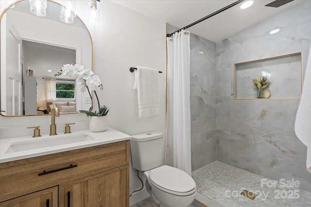 3423 Archer Ave, Charlotte, NC 28217 - bathroom featuring vanity, curtained shower, and toilet