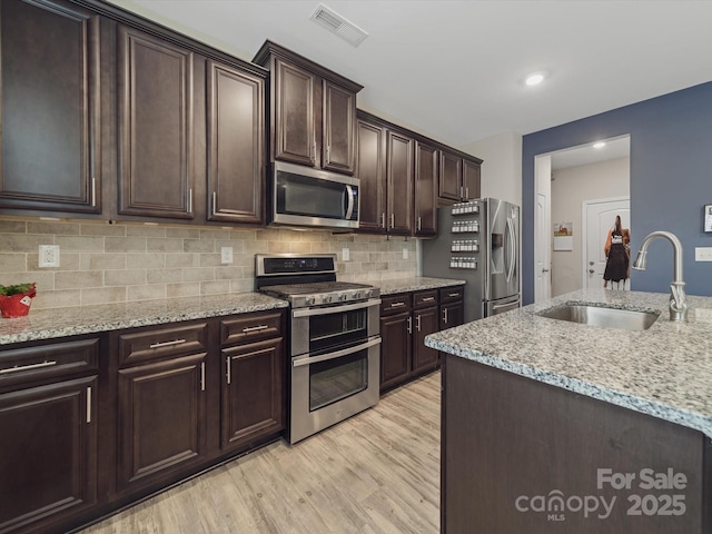807 Oak Manor Dr SE, Concord, NC 28025 - kitchen featuring tasteful backsplash, a sink, appliances with stainless steel finishes, dark brown cabinets, and light wood-style flooring