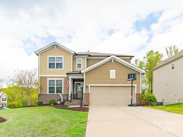 807 Oak Manor Dr SE, Concord, NC 28025 - craftsman-style house with brick siding, a front yard, a garage, and concrete driveway