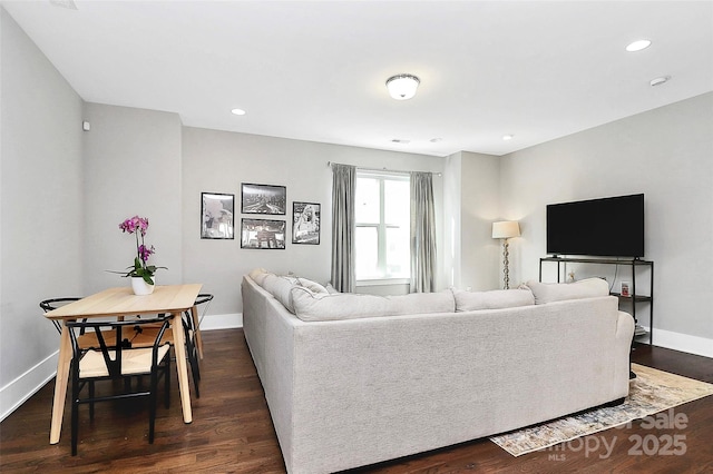 1416 S Church St, Charlotte, NC 28203 - living room featuring baseboards, dark wood-style flooring, and recessed lighting