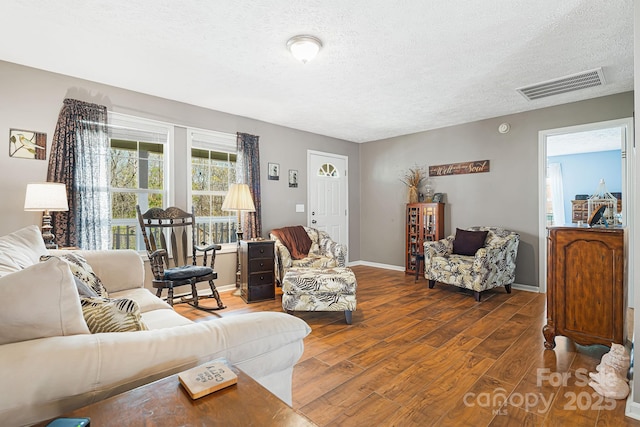 54 Golddigger Dr, Candler, NC 28715 - living room featuring a textured ceiling, visible vents, wood finished floors, and baseboards