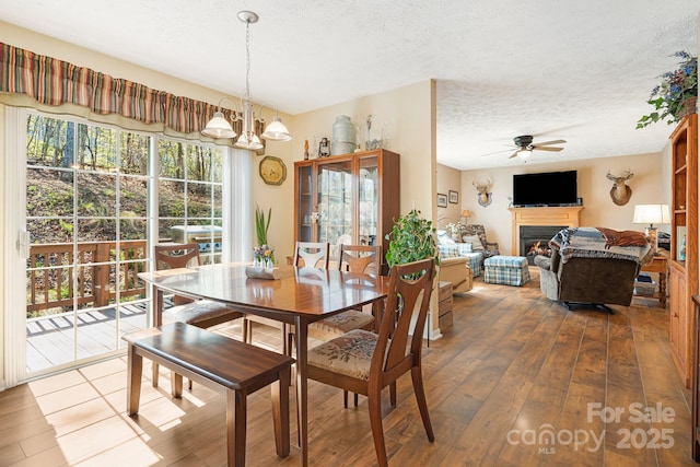 54 Golddigger Dr, Candler, NC 28715 - dining area with a textured ceiling, a warm lit fireplace, ceiling fan with notable chandelier, and wood-type flooring