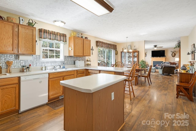 54 Golddigger Dr, Candler, NC 28715 - kitchen with a textured ceiling, white dishwasher, dark wood finished floors, and a sink