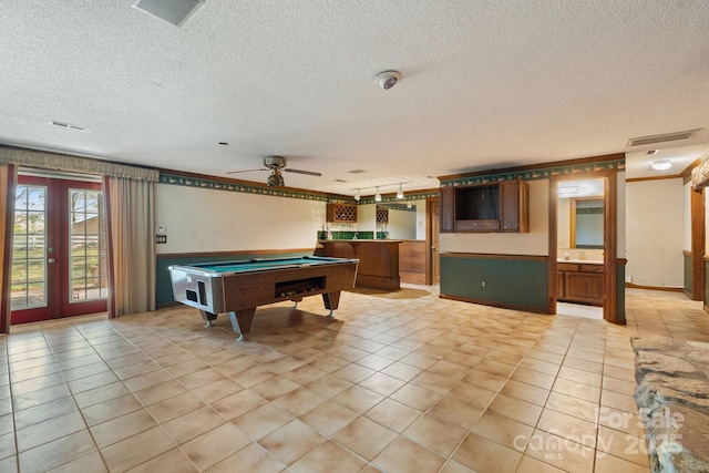 rec room with billiards, light tile patterned floors, french doors, visible vents, and ceiling fan