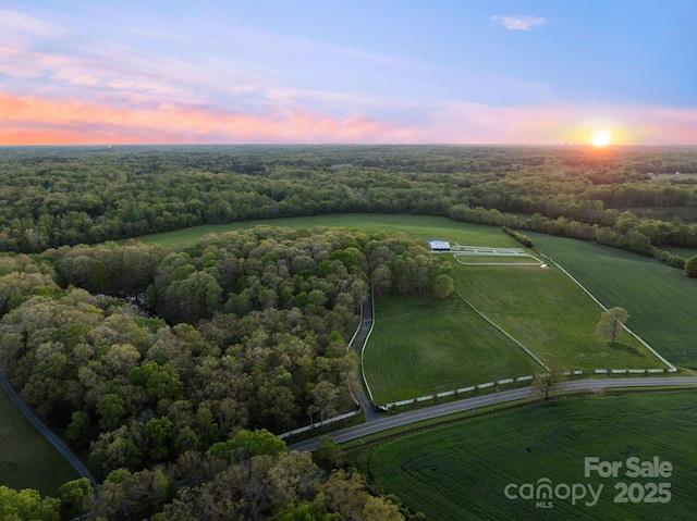 aerial view at dusk featuring a wooded view