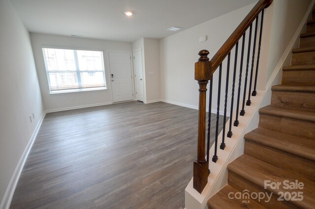 52 Cain Hollow Way, Asheville, NC 28806 - entryway featuring baseboards, dark wood-style floors, recessed lighting, and stairs