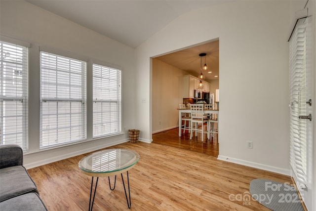 3040 Sunshower Hts, York, SC 29745 - living room featuring lofted ceiling, light wood-style floors, and baseboards