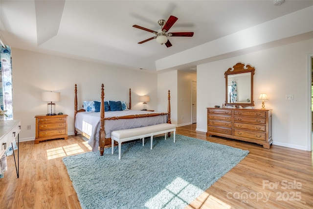 3040 Sunshower Hts, York, SC 29745 - bedroom featuring baseboards, a ceiling fan, a tray ceiling, and wood finished floors