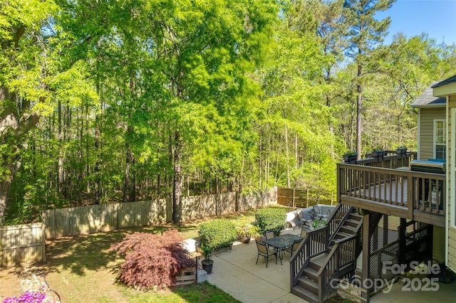 3040 Sunshower Hts, York, SC 29745 - view of yard featuring a wooden deck, a fenced backyard, stairs, and a patio area