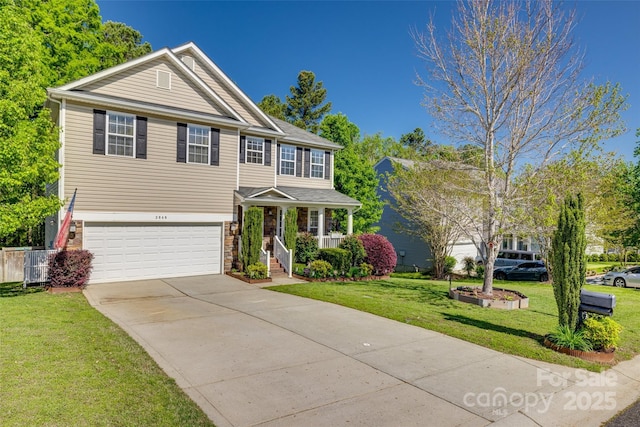 3040 Sunshower Hts, York, SC 29745 - view of front of property with concrete driveway, a porch, a front yard, and a garage