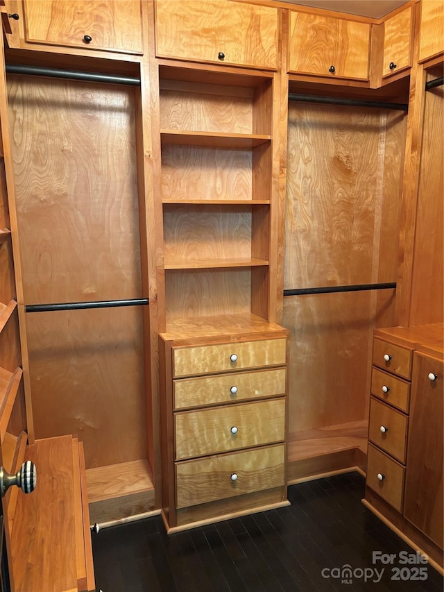 spacious closet with dark wood-style flooring