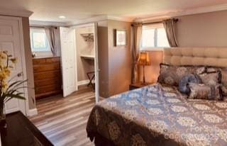 bedroom featuring wood finished floors, ornamental molding, baseboards, and multiple windows