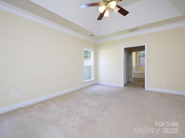 126 Dairy Farm Rd, Mooresville, NC 28115 - empty room with ornamental molding, visible vents, a tray ceiling, ceiling fan, and light colored carpet