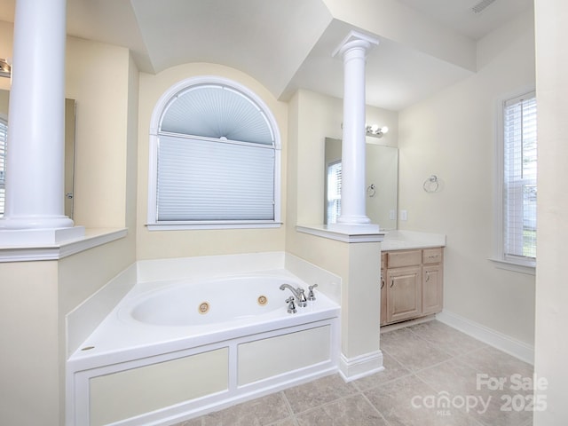 126 Dairy Farm Rd, Mooresville, NC 28115 - bathroom with tile patterned flooring, decorative columns, a tub with jets, and vanity