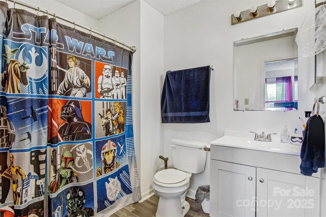 800 Meadowview Dr Unit # 2, Boone, NC 28607 - full bathroom featuring wood finished floors, toilet, vanity, a textured ceiling, and a shower with curtain