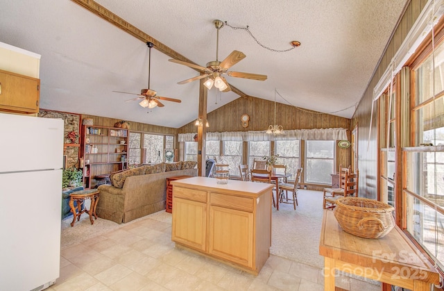 kitchen featuring lofted ceiling, a textured ceiling, freestanding refrigerator, and a healthy amount of sunlight