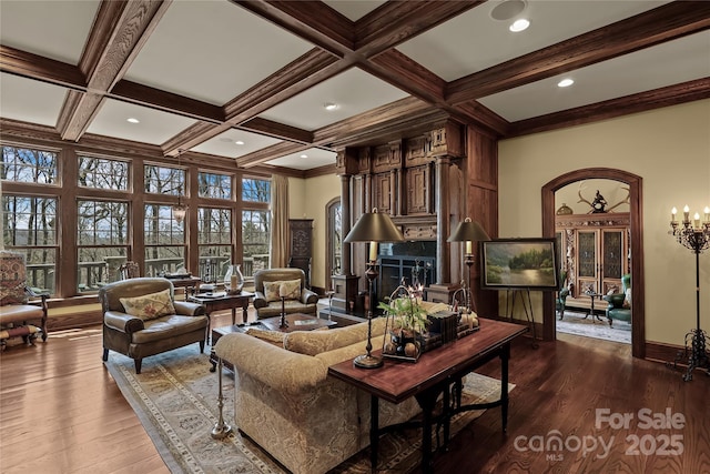 205 W Indrio Rd, Blowing Rock, NC 28605 - living room featuring beam ceiling, baseboards, wood finished floors, and coffered ceiling