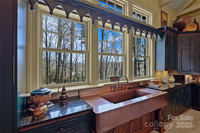 205 W Indrio Rd, Blowing Rock, NC 28605 - kitchen featuring a sink, glass insert cabinets, dark stone counters, and vaulted ceiling