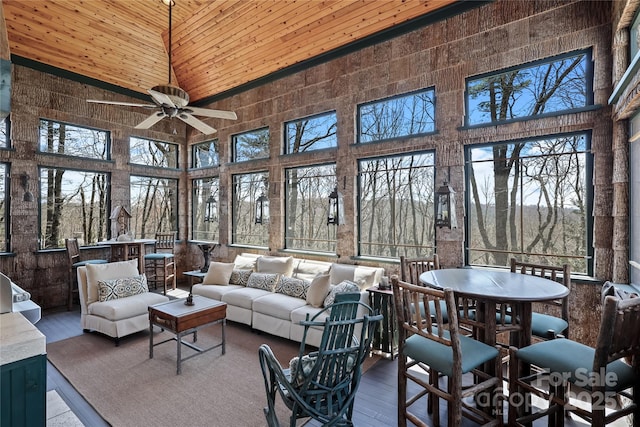 205 W Indrio Rd, Blowing Rock, NC 28605 - sunroom / solarium featuring a high ceiling, an outdoor living space, wooden ceiling, ceiling fan, and outdoor dining space