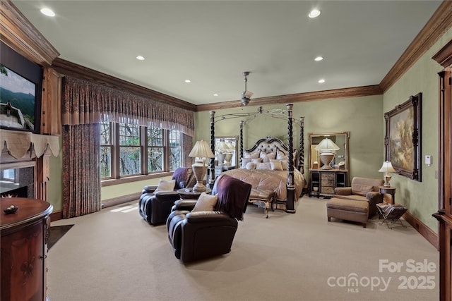 205 W Indrio Rd, Blowing Rock, NC 28605 - carpeted bedroom with ornamental molding, a fireplace, baseboards, and recessed lighting