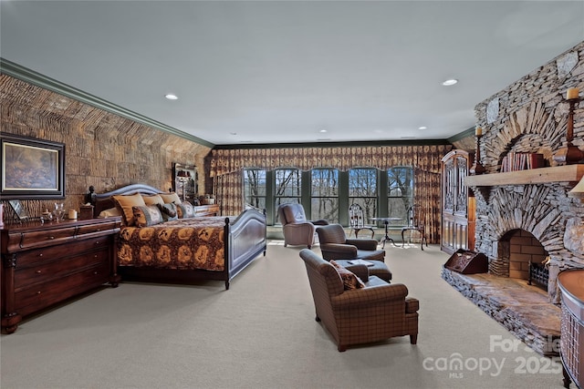 205 W Indrio Rd, Blowing Rock, NC 28605 - carpeted bedroom featuring a fireplace, crown molding, and recessed lighting