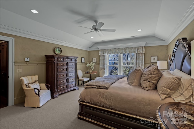 205 W Indrio Rd, Blowing Rock, NC 28605 - carpeted bedroom with vaulted ceiling, a ceiling fan, ornamental molding, recessed lighting, and a wainscoted wall