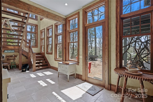 205 W Indrio Rd, Blowing Rock, NC 28605 - entryway featuring stairway, baseboards, recessed lighting, and a high ceiling