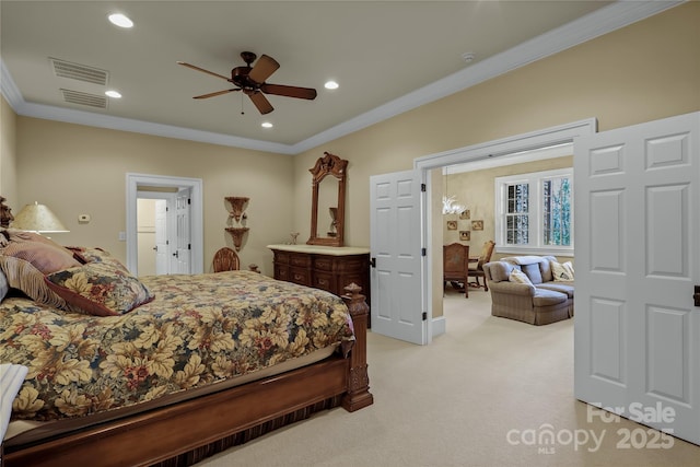 205 W Indrio Rd, Blowing Rock, NC 28605 - bedroom featuring light colored carpet, ornamental molding, recessed lighting, and a ceiling fan