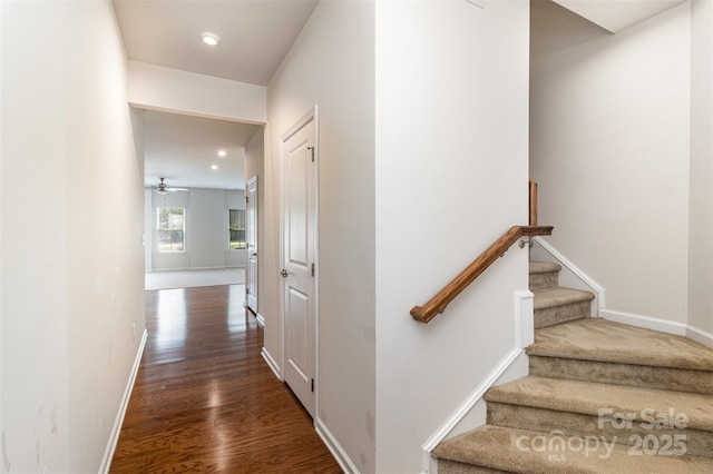 stairs with baseboards, recessed lighting, a ceiling fan, and wood finished floors