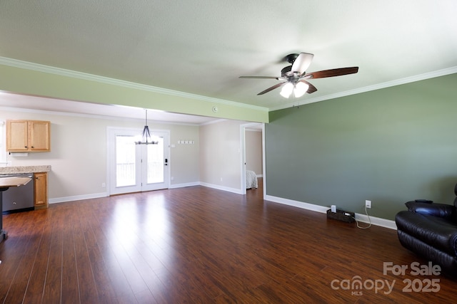 5381 Mount Carmel Rd, Heath Springs, SC 29058 - unfurnished living room with ceiling fan with notable chandelier, baseboards, and dark wood finished floors
