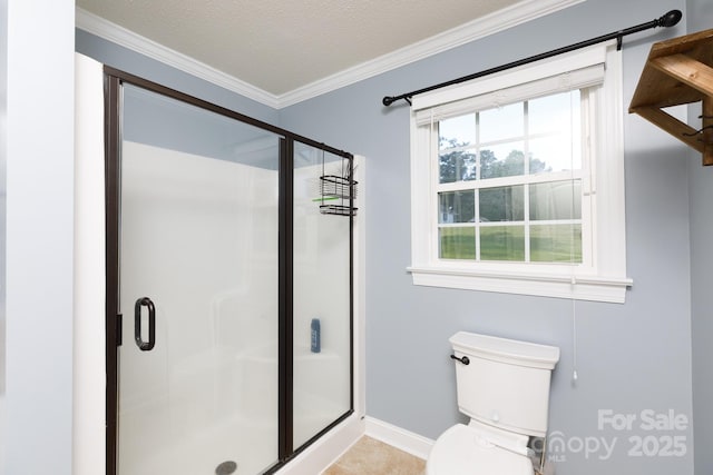 5381 Mount Carmel Rd, Heath Springs, SC 29058 - bathroom featuring toilet, a stall shower, crown molding, and a textured ceiling