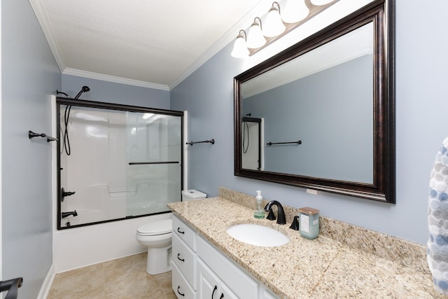 5381 Mount Carmel Rd, Heath Springs, SC 29058 - full bathroom with vanity, tile patterned flooring, crown molding, toilet, and shower / bathtub combination