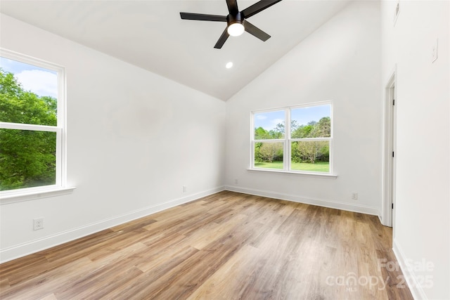 2043 Greenoak Dr, Shelby, NC 28152 - unfurnished room with baseboards, light wood-type flooring, recessed lighting, a ceiling fan, and high vaulted ceiling