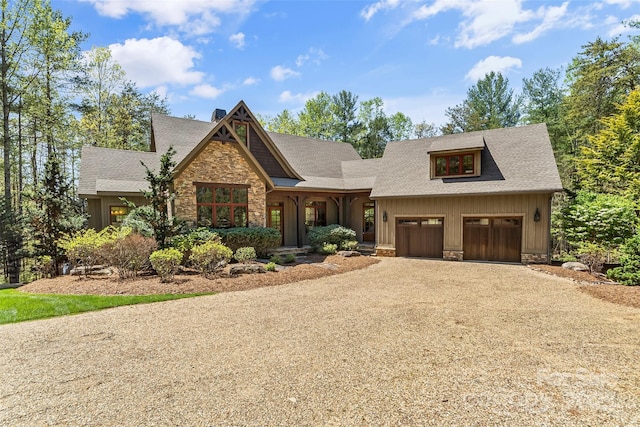92 Gobblers Neck Dr, Nebo, NC 28761 - craftsman-style home featuring stone siding, a garage, a chimney, driveway, and roof with shingles