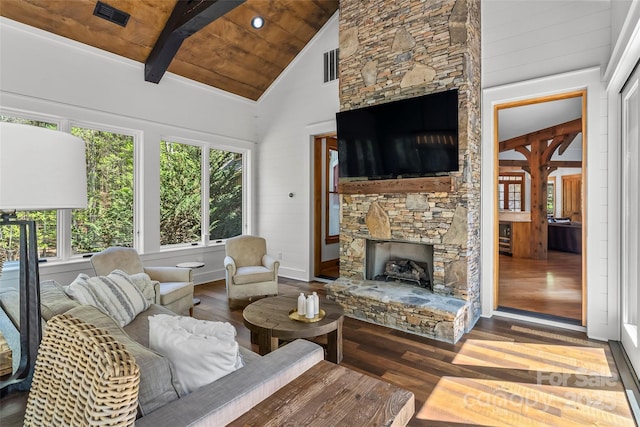 92 Gobblers Neck Dr, Nebo, NC 28761 - living room featuring wood-type flooring, visible vents, a stone fireplace, and a healthy amount of sunlight