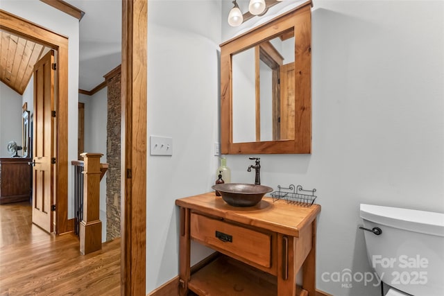 92 Gobblers Neck Dr, Nebo, NC 28761 - bathroom featuring vanity, crown molding, toilet, and wood finished floors