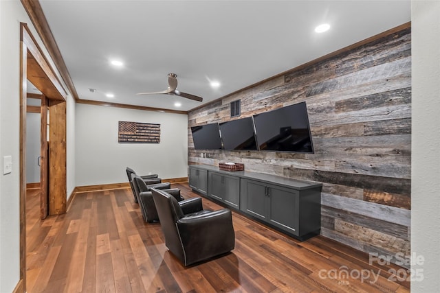 92 Gobblers Neck Dr, Nebo, NC 28761 - cinema room with baseboards, recessed lighting, a ceiling fan, wood walls, and an accent wall