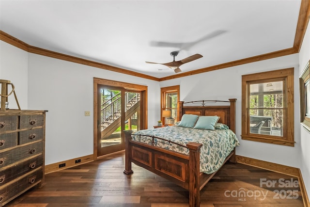 92 Gobblers Neck Dr, Nebo, NC 28761 - bedroom featuring dark wood-type flooring, access to outside, baseboards, and crown molding