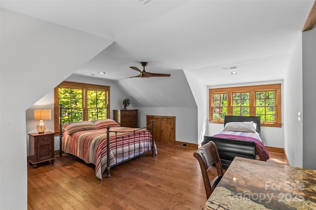 92 Gobblers Neck Dr, Nebo, NC 28761 - bedroom with visible vents, baseboards, ceiling fan, hardwood / wood-style flooring, and lofted ceiling