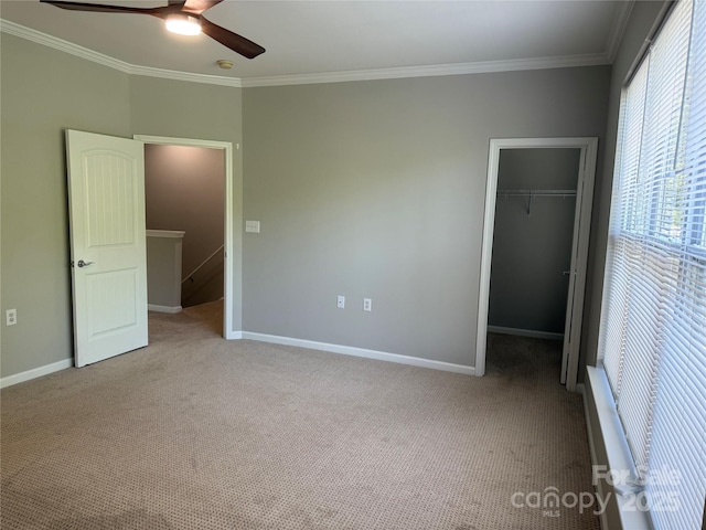unfurnished bedroom with carpet, ornamental molding, a spacious closet, baseboards, and a closet